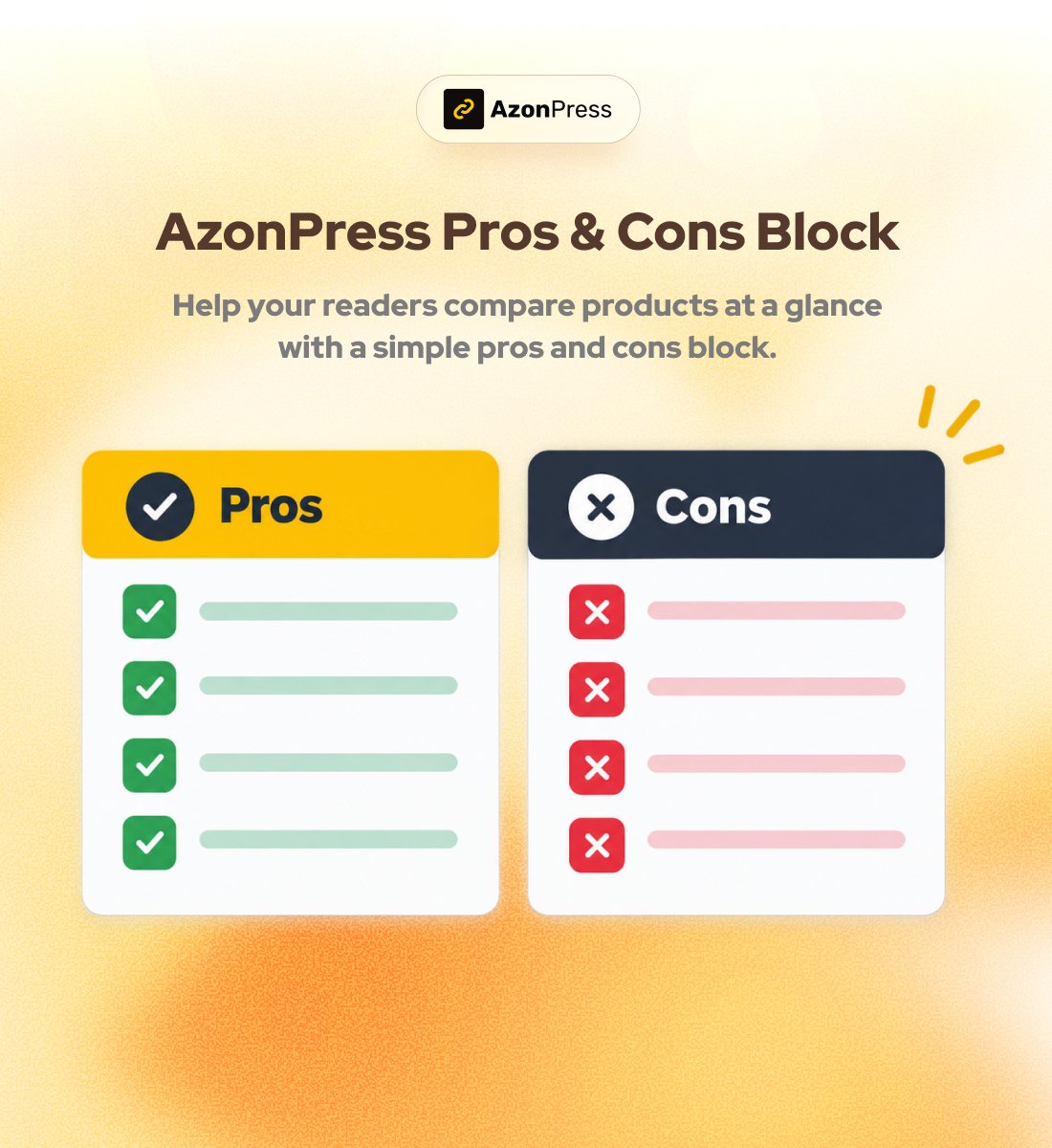 AzonPressWP's tweet photo. Highlight the key advantages and drawbacks of any product right inside your product table. This AzonPress Pros &amp; Cons block helps shoppers make informed decisions faster. https://t.co/1srIukUrxO