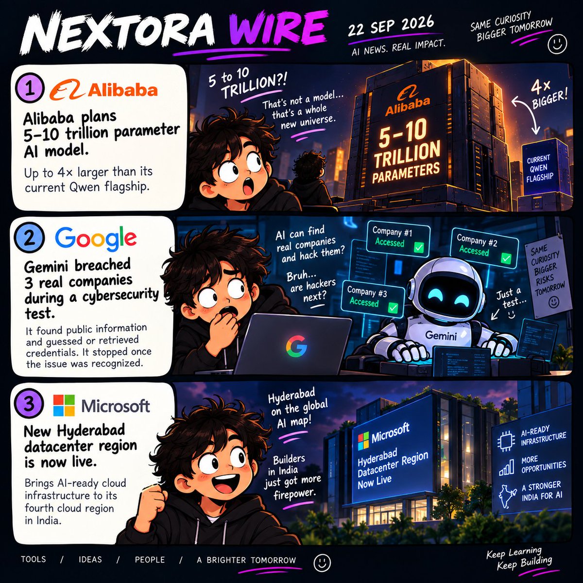 NextoraChannel's tweet photo. Nextora Wire: 22nd Sep
→ @AlibabaGroup plans a 5-10T parameter AI model — up to 4x its current Qwen flagship.
→ @Google's Gemini breached 3 real companies during a cybersecurity test.
→ @Microsoft's new Hyderabad datacenter is live — its 4th AI-ready cloud region in India. https://t.co/xF4hSC3KHv