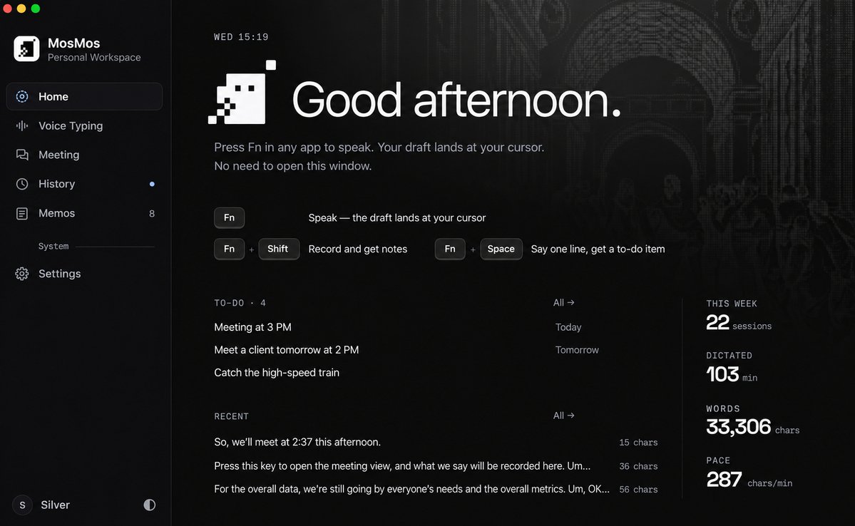 MosMos_io's tweet photo. New in MosMos - your dictation AI assistant 📣

• Ask MosMos anything for real-time web search
• Create to-dos by voice and get timely reminders
• Switch between day and night modes
• Windows coming soon

Update to the latest version in Settings and try it today👇 https://t.co/XTv45wMfgd