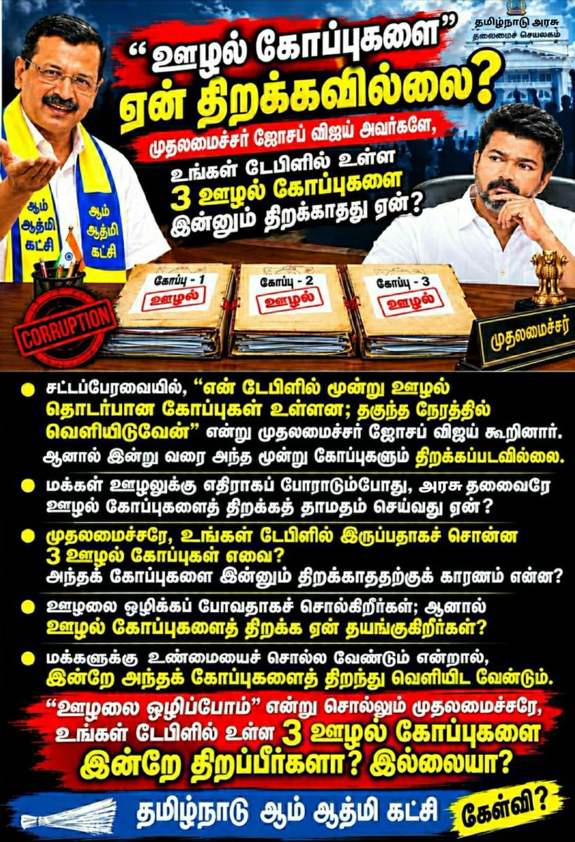 AAPTN's tweet photo. முதலமைச்சர் ஜோசப் விஜய் அவர்களே,
உங்கள் டேபிளில் உள��ள
3 ஊழல் கோப்புகளை இன்னும் திறக்காதது ஏன்?
“ஊழலை ஒழிப்போம்” என்று சொல்லும் முதலமைச்சரே, உங்கள் டேபிளில் உள்ள 3 ஊழல் கோப்புகளை இன்றே திறப்பீர்களா? இல்லையா?
தமிழ்நாடு ஆம் ஆத்மி கட்சி கேள்வி? https://t.co/uBc0ia0huQ