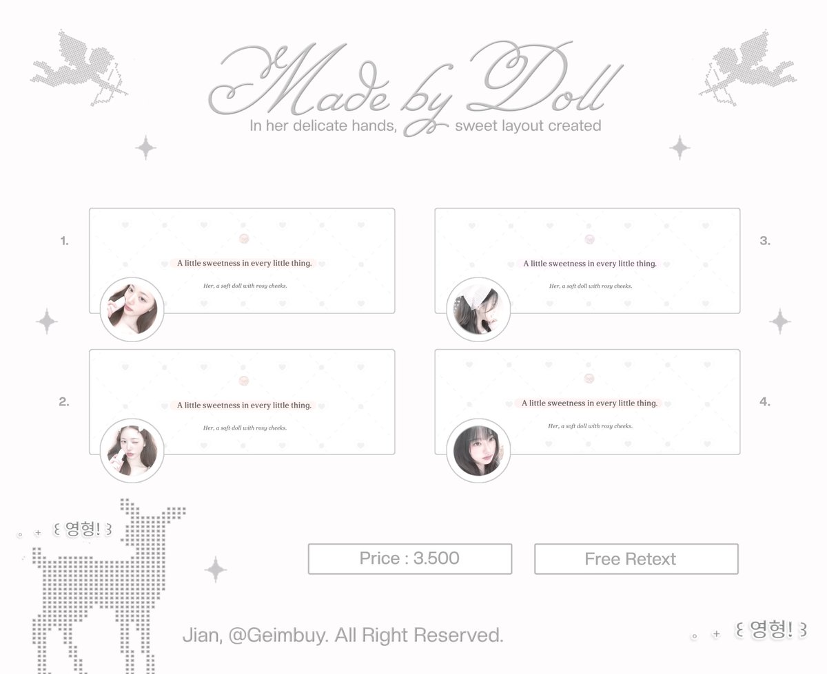 Geimbuy's tweet photo. ㅤㅤ
help repost, thankyou so much.  

halo, aku bawa 20 layout ready stock { wonyoung, leeseo, yuha, ian, carmen, sullyoon &amp; ulzzang } IDR 3.500, free retext, get ava png. take di dm atau tele, yaa. scroll for more.  ♥︎

———   #bealanja  #zonauang 
ㅤㅤ https://t.co/fpmqMmkGhI