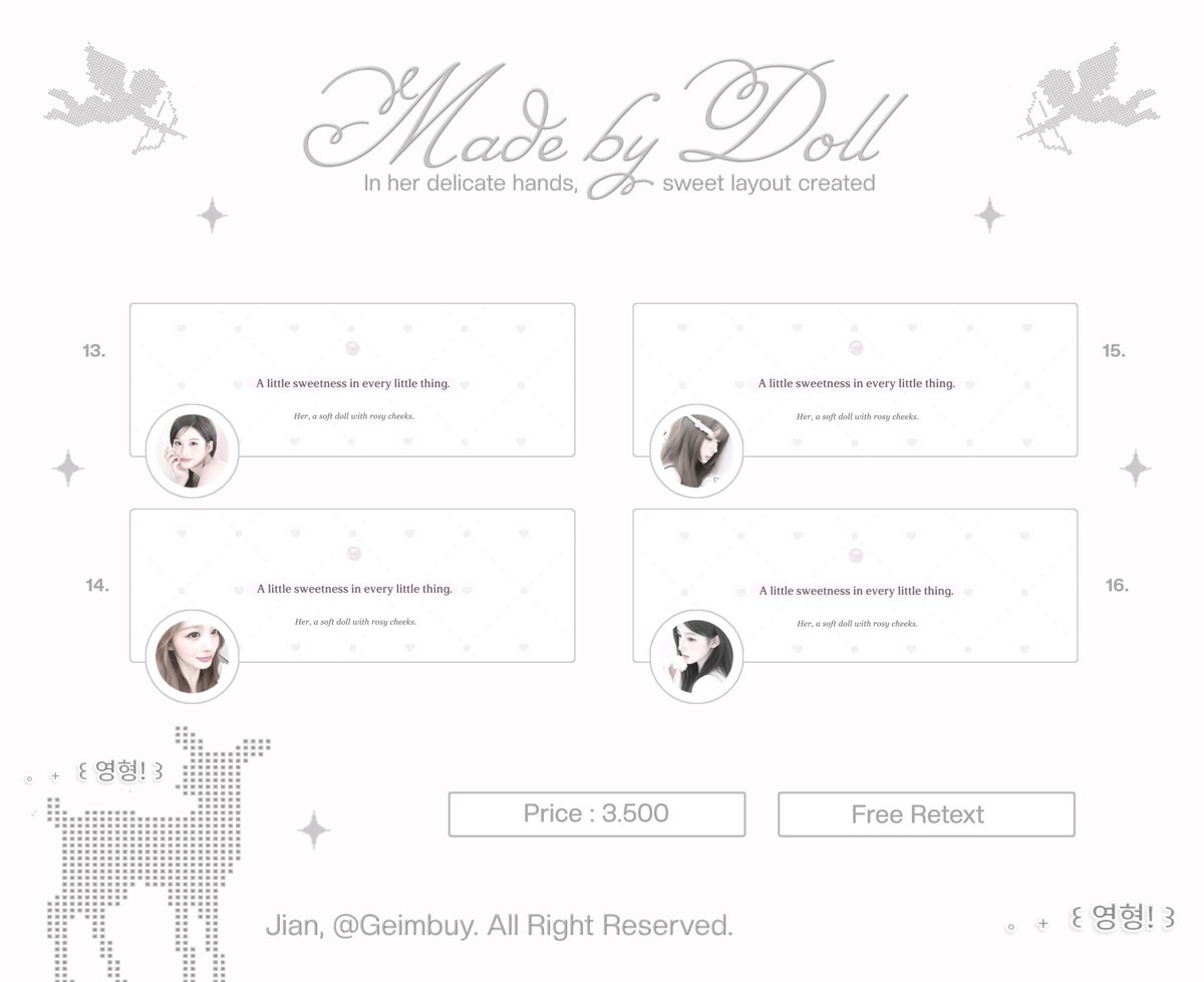Geimbuy's tweet photo. ㅤㅤ
help repost, thankyou so much.  

halo, aku bawa 20 layout ready stock { wonyoung, leeseo, yuha, ian, carmen, sullyoon &amp; ulzzang } IDR 3.500, free retext, get ava png. take di dm atau tele, yaa. scroll for more.  ♥︎

———   #bealanja  #zonauang 
ㅤㅤ https://t.co/fpmqMmkGhI