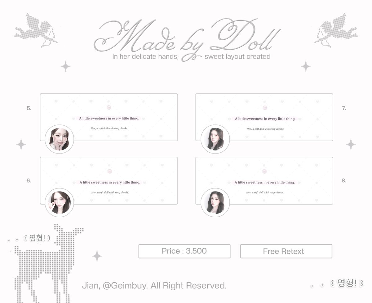 Geimbuy's tweet photo. ㅤㅤ
help repost, thankyou so much.  

halo, aku bawa 20 layout ready stock { wonyoung, leeseo, yuha, ian, carmen, sullyoon &amp; ulzzang } IDR 3.500, free retext, get ava png. take di dm atau tele, yaa. scroll for more.  ♥︎

———   #bealanja  #zonauang 
ㅤㅤ https://t.co/fpmqMmkGhI