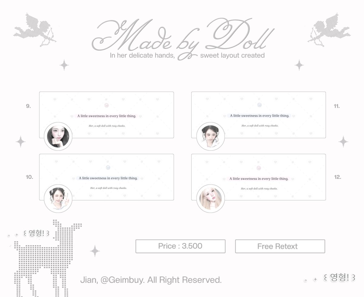 Geimbuy's tweet photo. ㅤㅤ
help repost, thankyou so much.  

halo, aku bawa 20 layout ready stock { wonyoung, leeseo, yuha, ian, carmen, sullyoon &amp; ulzzang } IDR 3.500, free retext, get ava png. take di dm atau tele, yaa. scroll for more.  ♥︎

———   #bealanja  #zonauang 
ㅤㅤ https://t.co/fpmqMmkGhI