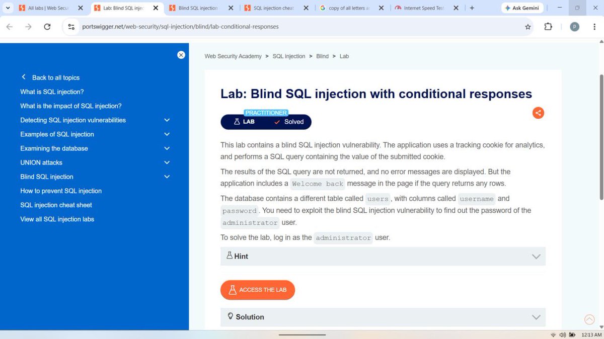 alltimetake's tweet photo. Blind SQL injection labs 🎯

✅ Conditional responses – no data returned, no errors shown, just a "Welcome back" message flipping on/off
✅ Conditional errors – same blind approach, but a DB error was the tell instead
Brute forced the admin password char by char
#InfoSec #AppSec https://t.co/6KBUKBIPxg