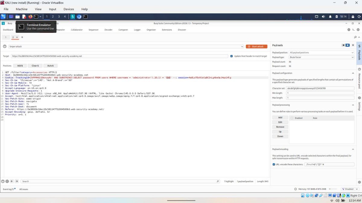 alltimetake's tweet photo. Blind SQL injection labs 🎯

✅ Conditional responses – no data returned, no errors shown, just a "Welcome back" message flipping on/off
✅ Conditional errors – same blind approach, but a DB error was the tell instead
Brute forced the admin password char by char
#InfoSec #AppSec https://t.co/6KBUKBIPxg