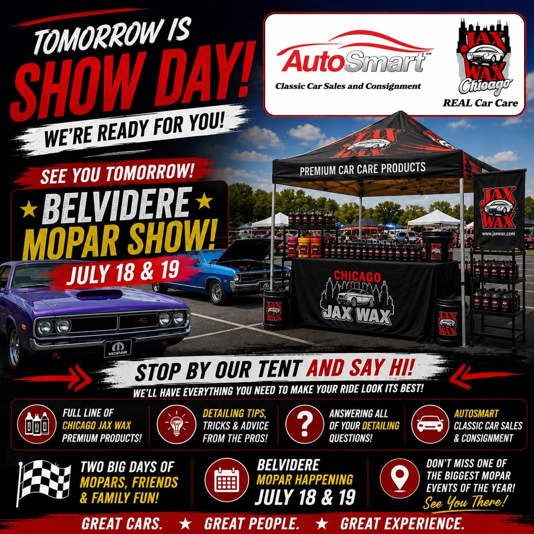 lisacampb59561's tweet photo. Only 5 days to go! This July 18–19, AutoSmart &amp; Chicago Jax Wax will be at Belvidere Mopar Happening. Stop by for premium detailing products, expert tips, car care advice, and classic car sales info. Meet Brian and Carsten! https://t.co/VcvzRZYvJ6