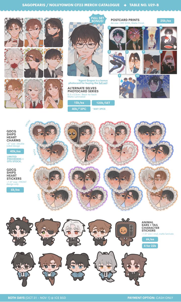 noluyowon's tweet photo. my final merch catalogue for #CF23 !! i can only bring limited merch items so i'm opening reservations for pickup at the event 🥺

📦 pickup (both days)
✨ fandoms: gdcg/gsgw &amp; orv
💵 cash only!

preorders end 09.26 or earlier if slots fill up
 🔗 form in thread below!

(1/2) https://t.co/9PsaIma43k
