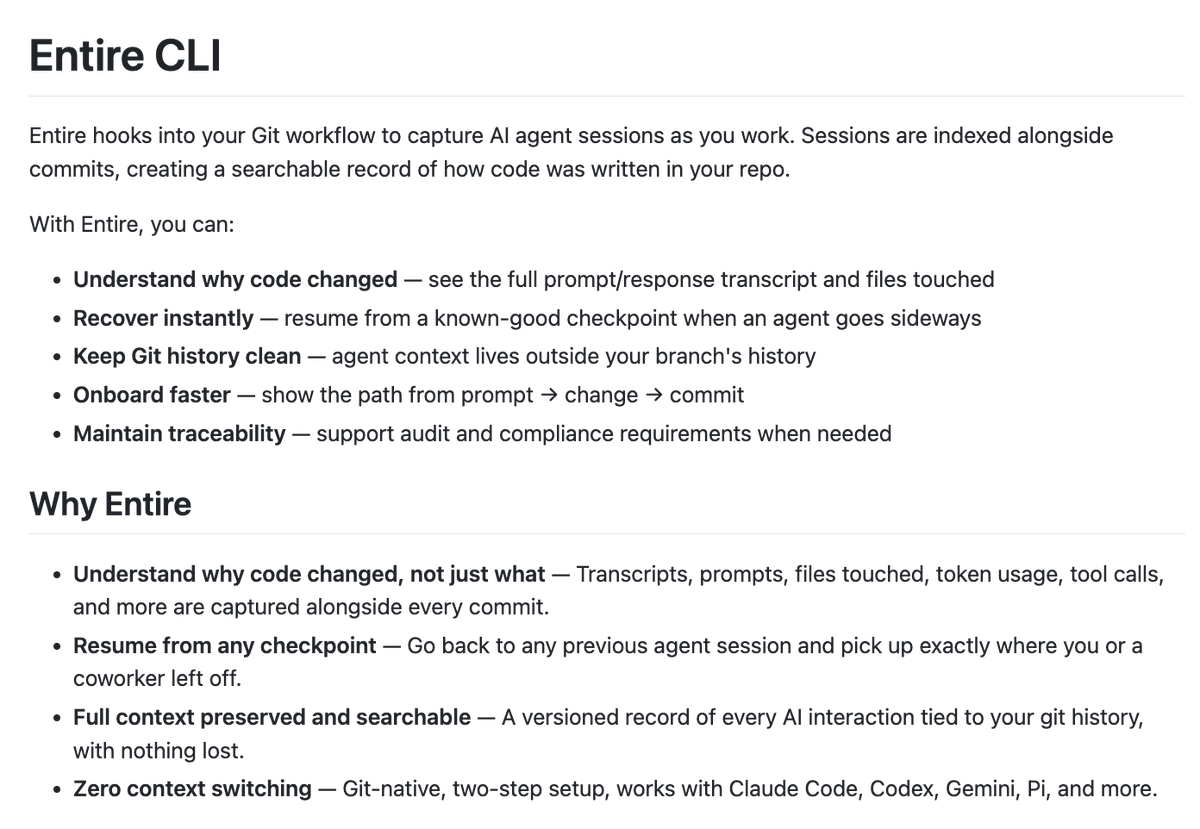 0xpipimd's tweet photo. When an agent changes 12 files, the final diff tells you what changed.

It usually does not tell you how the agent got there.

Entire is an open-source CLI that records coding-agent sessions alongside your Git history. https://t.co/jwX7pgTvcN
