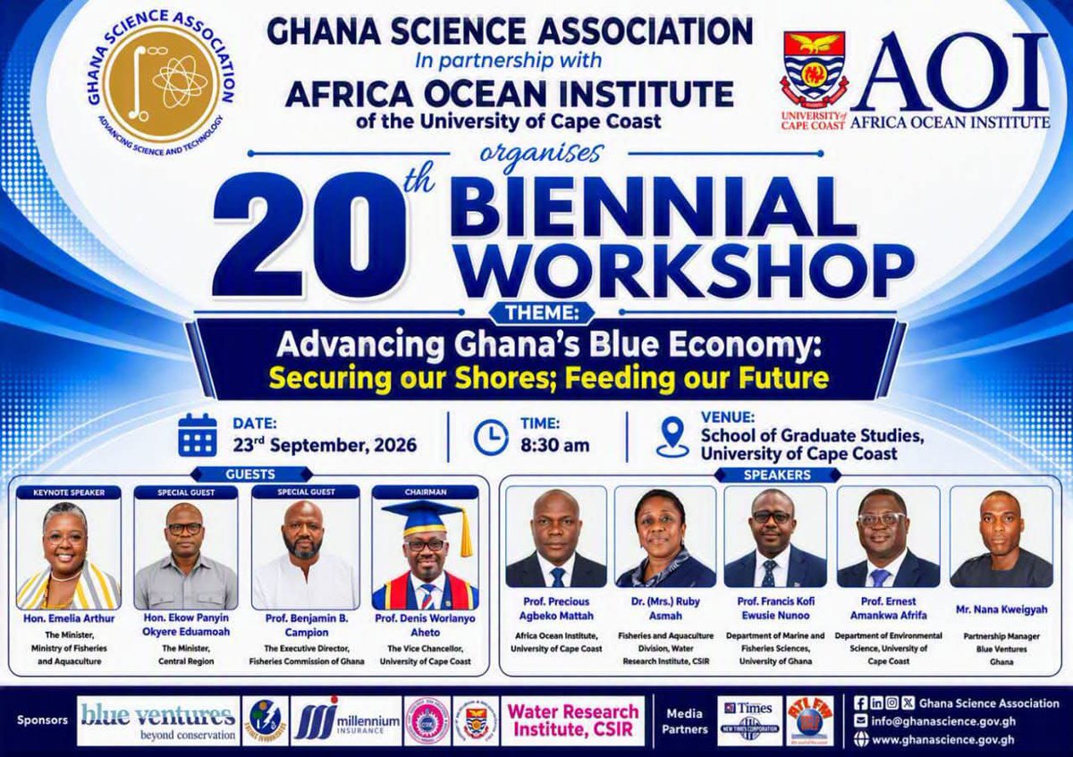 UCCGH_Official's tweet photo. Ghana Science Association 

20th Biennial Workshop

Wednesday, 23 September, 2026

Venue: School of Graduate Studies Auditorium 

Time: 8:30 am https://t.co/TJ8BijoZ3e