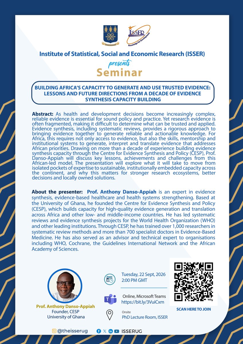 ISSERUG's tweet photo. Join us for today's seminar.

Title: Building Africa’s Capacity to Generate and Use Trusted Evidence: Lessons and Future Directions from a Decade of Evidence Synthesis Capacity Building

🔗https://t.co/EpE4jOSJxO

#KnowledgeForDevt #ISSERSeminarSeries | @UnivofGh https://t.co/SMOr0G24XX