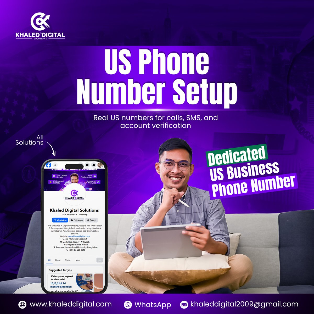 khaleddigitals's tweet photo. Need a real US phone number for calls, SMS, and account verifications? Get your Dedicated US Business Phone Number hassle-free with Khaled Digital Solutions! Perfect for growing your global presence.   🌐 Visit: https://t.co/iyw7rNo5hL#USPhoneNumber #BusinessSetup #KhaledDigital https://t.co/7hwmd6B87f