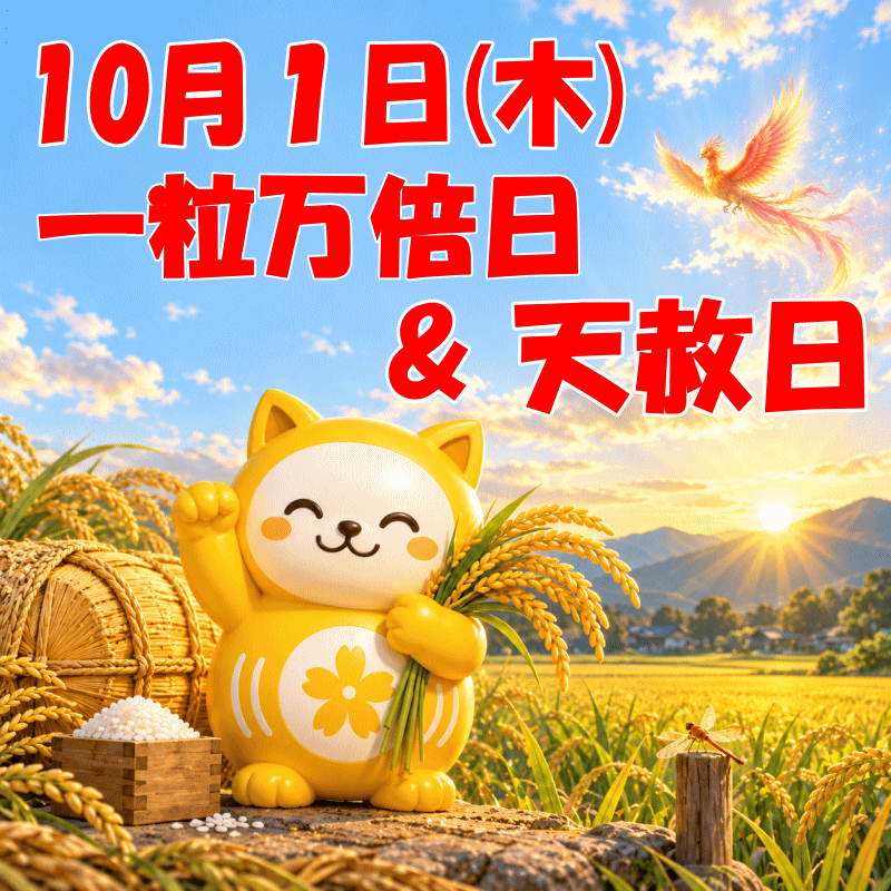 oteteto_com's tweet photo. おはようございます😊

本日10月1日は
🌾一粒万倍日 × 🌅天赦日

10月は最高にめでたい
ダブル吉日からスタート！

🔗10月の金運吉日カレンダー👇
https://t.co/aqw6Es3zfQ

一粒が万倍へ育つ吉日と
万事に吉とされる最上級の吉日が重なります。

今日の大きな吉縁を存分に活かし
金運・財運を大きく高めましょう💰

皆さまの願いが豊かさへつながる
良い一日になりますように🙏