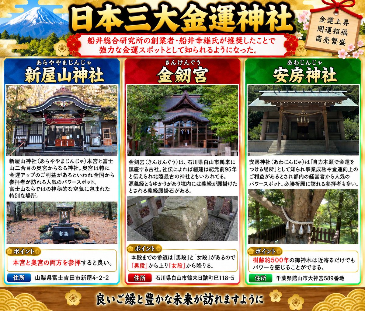 roseno10's tweet photo. お金の不安を今年こそ手放したいひとへ。『金劔宮』は日本三大金運神社と呼ばれてるスゴいパワースポットだよ。シルバーウィーク明けにでも行ってほしいので保存しておいてね⬇️ https://t.co/twLeYItebs