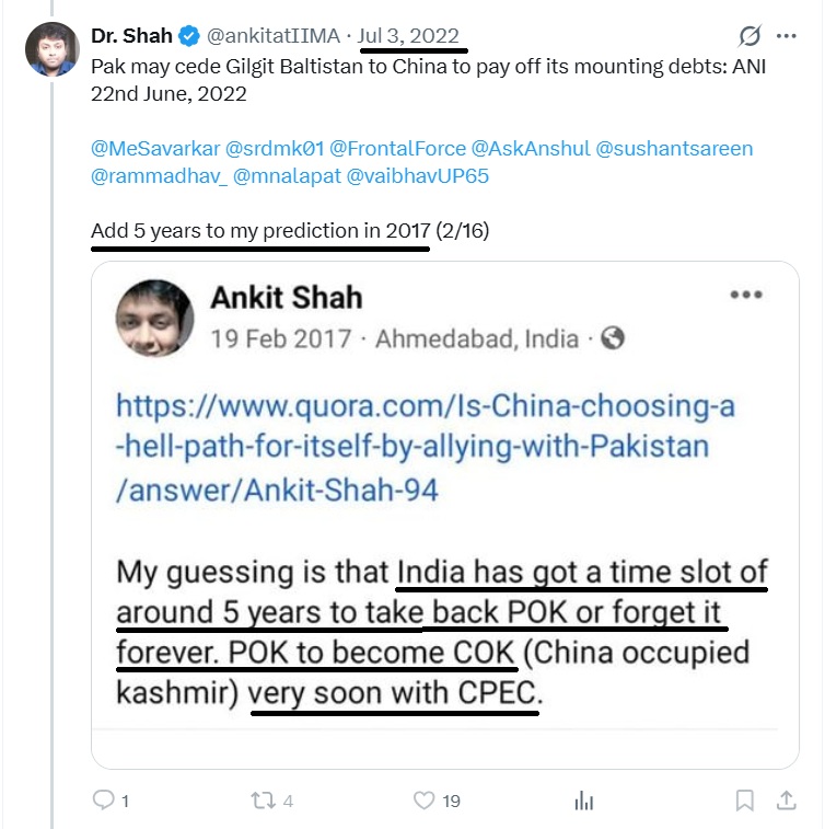 Sid19841984's tweet photo. In 2017 - Dim joker Ankit Shah said 5 years slot left for India to take back POK.  After 5 years - 2022 -  Dim says "add 5 more years to my prediction". 😂

Keep adding 5 years , next year , next quarter,  last quarter ..  Dim hai ke maanta nahi 

#dechuranisation continues .. https://t.co/OQoKSmMqk8