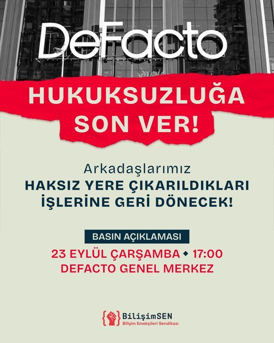 birlesikiscihar's tweet photo. Bilişim Emekçileri Sendikası, 4 bilişim emekçisinin haksız yere işten çıkarılmasına, taşeronlaştırmaya ve güvencesizliğe karşı, DeFacto Genel Merkezi önünde basın açıklaması gerçekleştirecek.
@bilisimsenorg
#DeFacto
#İşçiKıyımı
#BilişimEmekçisi https://t.co/PlWfY3wAnJ