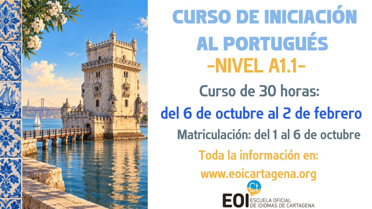 EOICartagena's tweet photo. ¿Quieres aprender una nueva lengua? Anota ✍️la fecha🗓️para matricularte ¡Te esperamos en nuestro curso de portugués! ¡Aprende la lengua lusa! #cursosespecificos #yosoydelaeoi #masidiomas #lifelonglearning #enseñanzasregimenespecial 
@Educarm @AytoCartagenaES @JuventudCT https://t.co/hLUPFxwyMi