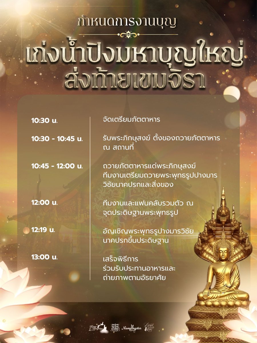 KengNampingLand's tweet photo. สวัสดีคับพี่ ๆ ไม่ปล่อยให้รอนาน ชาวบ้านแลนด์ขออนุญาตนำเสนอกำหนดการโปรเจกต์ #เก่งน้ำปิงมหาบุญใหญ่ส่งท้ายเขมจิรา ให้พี่ ๆ ได้รับชมกันฮะ

โดยกำหนดการนี้จะเริ่มตั้งแต่ 10:30 น. พี่ ๆ สามารถมาเข้าร่วมพิธีการได้ตั้งแต่เวลานี้เป็นต้นไปคับ แล้วมาร่วมเป็นส่วนหนึ่งในพิธีการประดิษฐานพระพุทธรูปปางมารวิชัยนาคปรก ประจำเก่งน้ำปิงและโอ๋โอ๋ไปพร้อมกันนะฮะ

โปรเจกต์นี้จะเกิดขึ้นไม่ได้เลยหากไม่ได้บ้าน @LILITEAMTH327 ให้ความอนุเคราะห์ ขอบพระคุณอีกครั้งคับ

#KengNamping #เก่งน้ำปิง
#KengHarit #nampingster