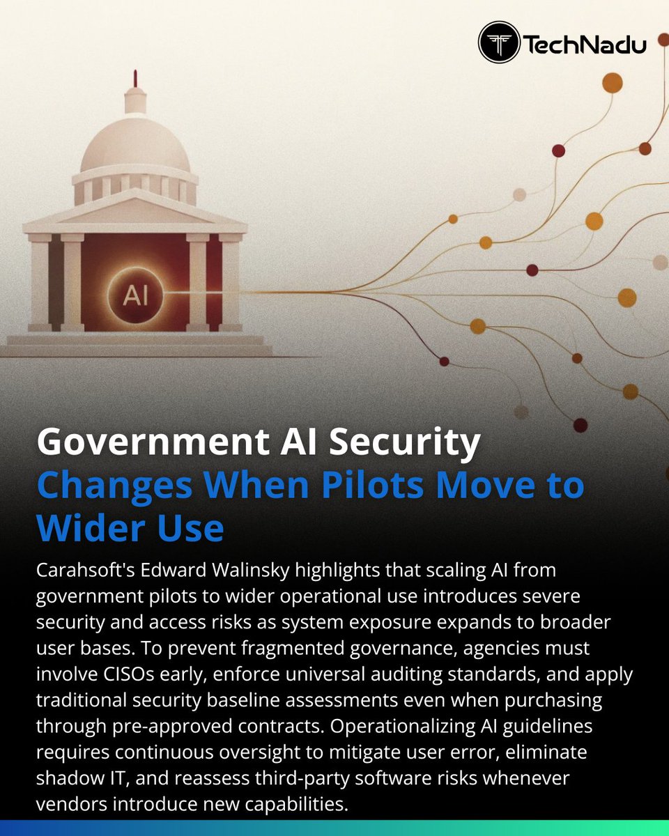 TechNadu's tweet photo. A secure AI pilot can develop a very different risk profile at government scale.
@Carahsoft Edward Walinsky says wider access introduces new exposure, while procurement approval should not replace security reviews, auditing, and clear risk ownership.
#CyberRiskMonitor https://t.co/vjVrp13V4c