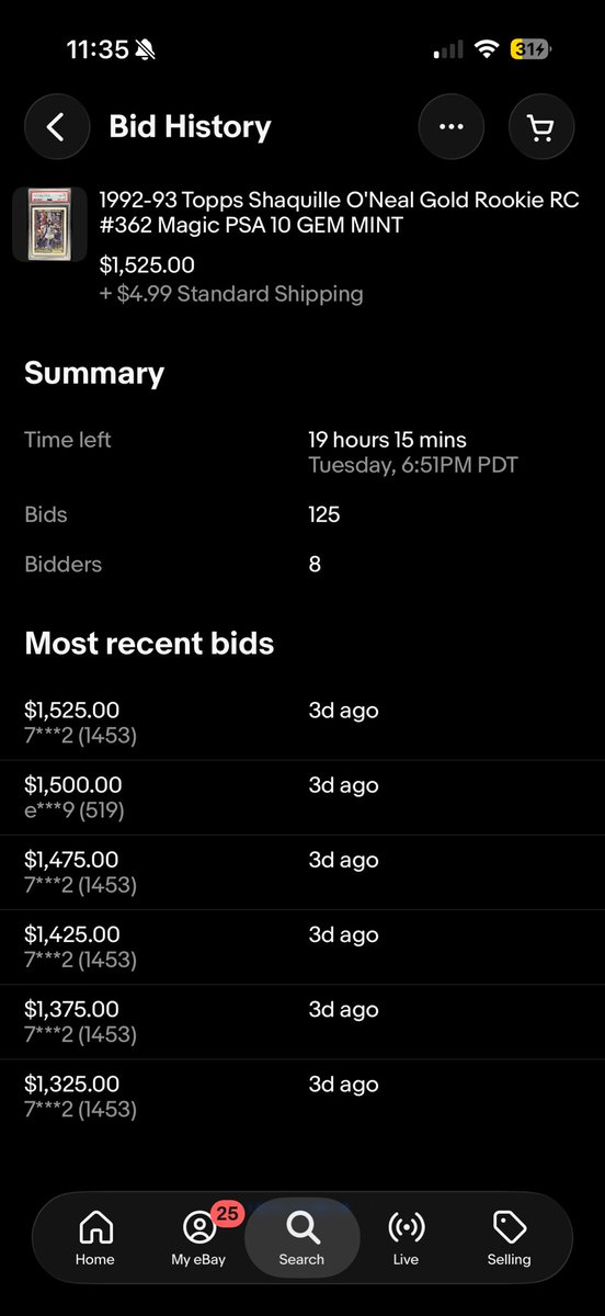 AkowCards's tweet photo. @darrenrovell this is all the same user propping this up (eBay user ending in 1453)

To me this looks more intentional and likely manipulation. 

As much as I love Shaq cards, I’ve noticed quite a bit of this type of strange behavior on some of his auctions. Worth noting! https://t.co/gpEkRjGDcp