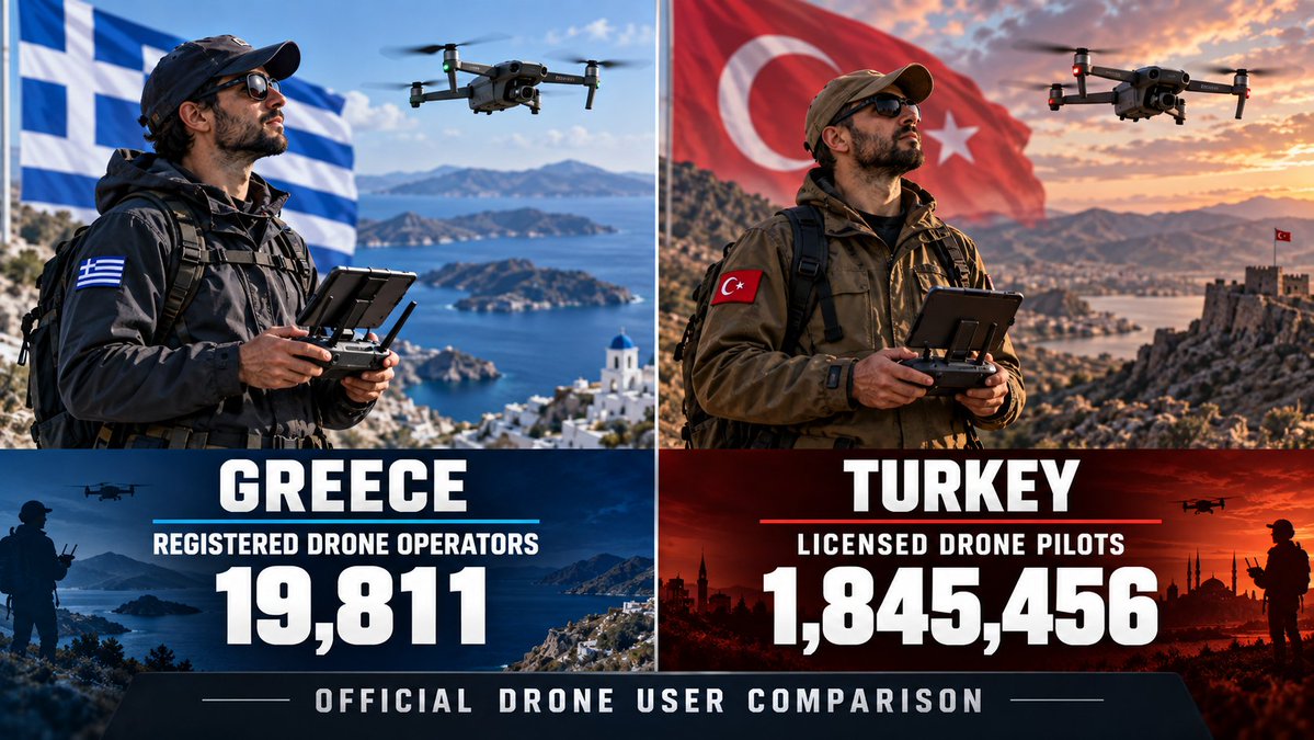 ww3files's tweet photo. 🇬🇷 Greece: 19,811 registered drone operators
🇹🇷 Türkiye: 1,845,456 licensed drone pilots

At this point, Türkiye doesn’t just have drone users… it has an entire airborne population.

Different systems, different definitions — but that gap is still wild.

#Greece #Türkiye #Drones https://t.co/HE4aWlCLsr