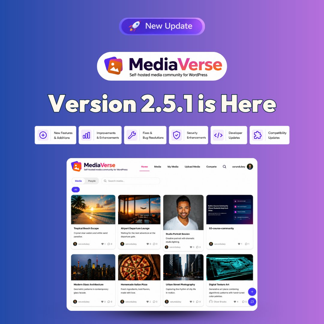 wbcomdesigns's tweet photo. MediaVerse v2.5.1 is live.
Improved media privacy, image handling, performance, accessibility, AI controls, analytics, and cloud storage reliability.
https://t.co/MxrCgTAuvU
#MediaVerse #WordPress #MediaPlugin #WordPressPlugin #WbcomDesigns https://t.co/oZ8HTVb6es