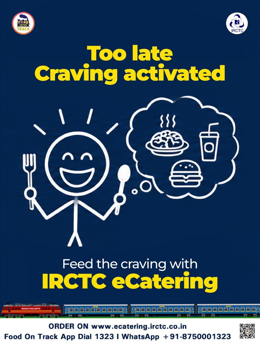 eCateringIRCTC's tweet photo. Some cravings are impossible to ignore, especially when you’re miles away from your favourite food. But being on a train doesn’t mean you have to wait till you reach your destination. With IRCTC eCatering, you can choose from a variety of delicious options and have your meal delivered right to your coach. So, when the craving strikes mid-journey, don’t fight it. Give in, place an order, and let your journey get a whole lot tastier.

Order fresh, hygienic meals from trusted restaurant brands and get them delivered right to your train coach.

🌐 https://t.co/sj0NT7G2Cn
📲 Install #FoodOnTrack app
📞 Call 1323
📱 WhatsApp +91-8750001323