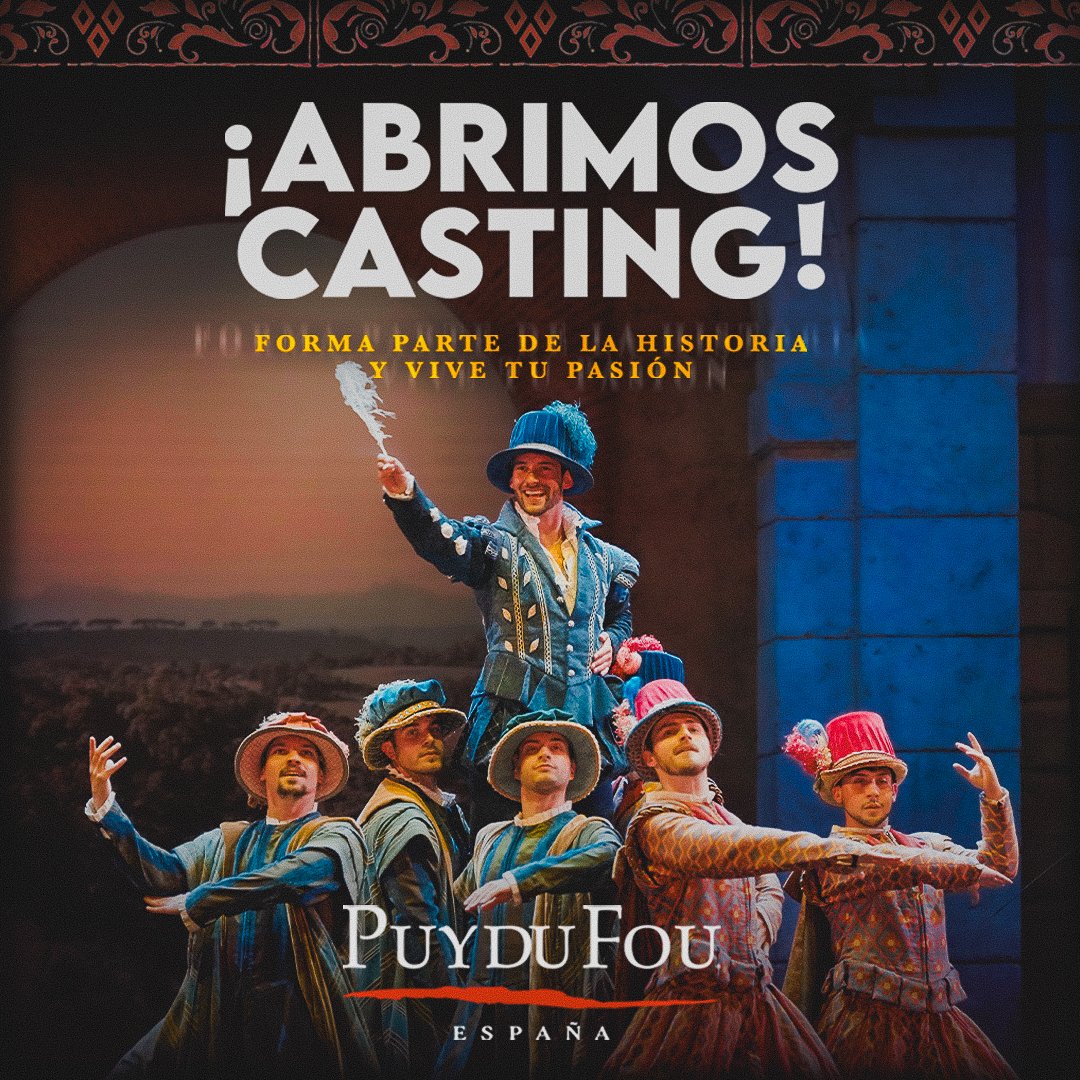 PuyduFou_espana's tweet photo. Buscamos nuevos talentos 🏰⚔️🔥
Si te apasiona el baile, el teatro, las acrobacias… la Historia te está esperando.
Atrévete a formar parte de los espectáculos de #PuyduFouEspaña
📅 Inscríbete antes del 10 de octubre.
👉 Apúntate: https://t.co/FLfaNEsPjS
#Casting #Talento https://t.co/tTCp9MS5cl
