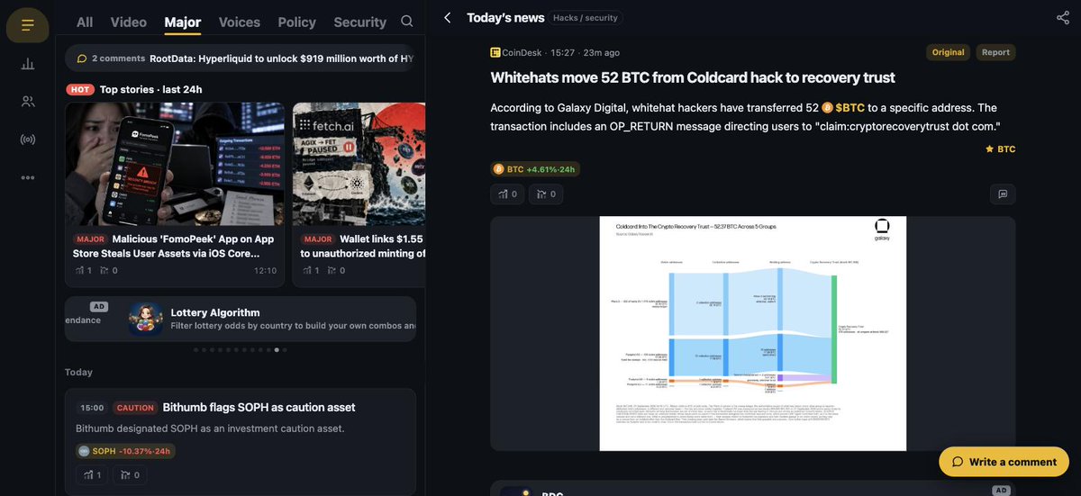 Coin_Scoop's tweet photo. Whitehats move 52 BTC from Coldcard hack to recovery trust

According to Galaxy Digital, whitehat hackers have transferred 52 BTC to a specific address. The transaction includes an OP_RETURN message directing users to "claim:cryptorecoverytrust dot com."

More crypto news on CoinScoop
https://t.co/0L1L9HHglF