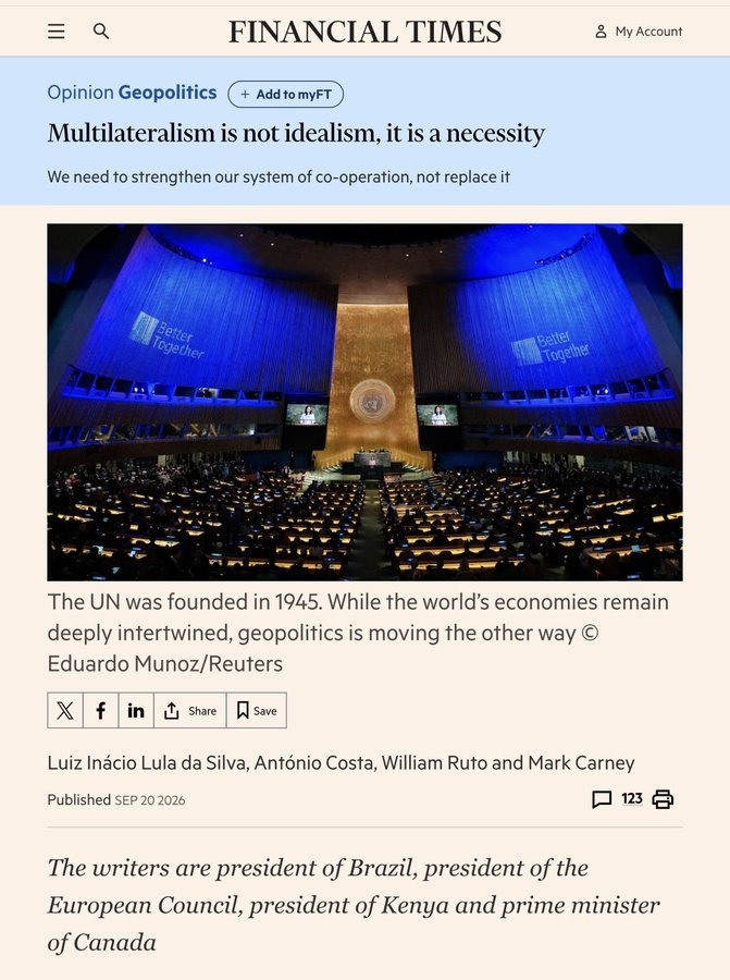 RAbdiAnalyst's tweet photo. Kenya and Canada lead push for  a new global alliance to salvage multilateralism.

The ideas animating the proposed "Partners for Multilateralism" (P4M) - contained in new joint op-ed by  Ruto, Carney, Lula and Costa.
👇 https://t.co/NBQCDaL2gQ
