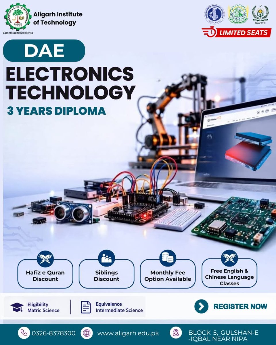 AligarhAIT's tweet photo. From Circuits to Robotics - Build It All! 🤖⚙️
DAE Electronics Technology at AIT Karachi
Hafiz & Siblings Discount | Monthly Fee Option
FREE English & Chinese Classes
#ElectronicsDiploma #DAE2026 #ElectronicsEngineering #AITAdmissions #StudyInKarachi https://t.co/8mfAj7jJMM