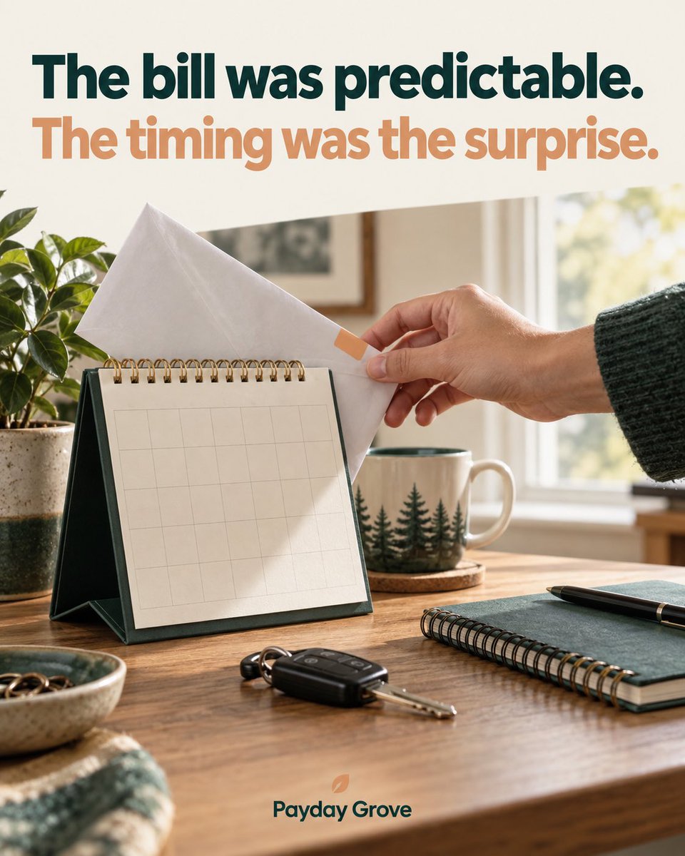 PayDayGrove's tweet photo. THE BILL WAS PREDICTABLE. THE TIMING WAS THE
SURPRISE.

A renewal, a scheduled appointment, a bill you see less often. Some costs
are easy to forget precisely because they do not show up every week. https://t.co/yF6vwIgCcD