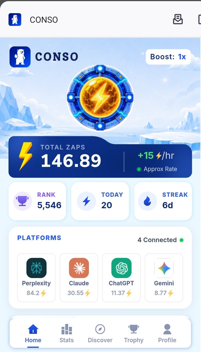 rontukundu21's tweet photo. Star Journey with @conso_xyz  Day 6

How to join conso check detalis 🔽
Chrome Extension is now open. 
https://t.co/KbC1KAAjbI
★ Install the extension 
★ Sign in with your email 
★ Enter code: CONSO-G5N5G
★ Connect your X account
★Complete the daily tasks
★ Open your Profile
★ Connect your AI
★ Start earning ZAPs from your activity