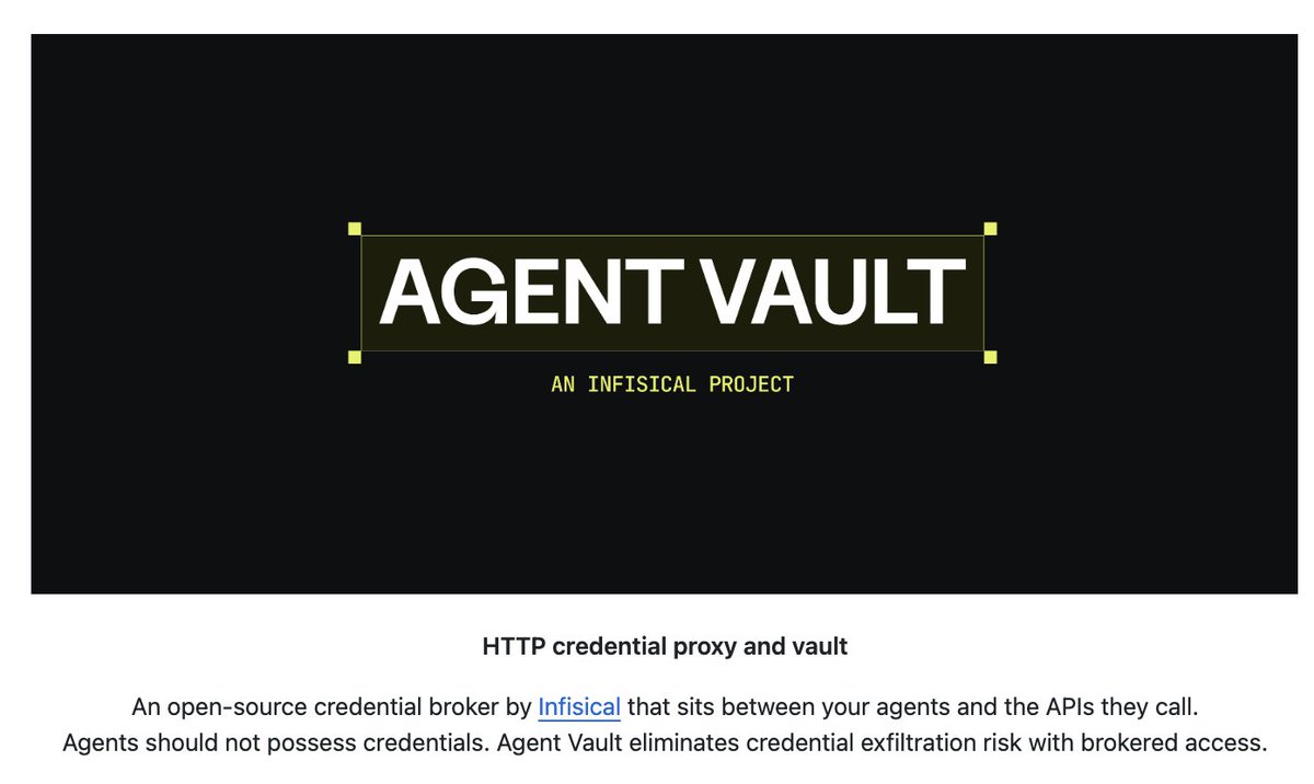 0xpipimd's tweet photo. Putting a GitHub token or API key directly into an agent's environment is convenient.
It also means the agent can read the key.

Infisical's open-source Agent Vault takes a different approach. https://t.co/VVMtUudjku