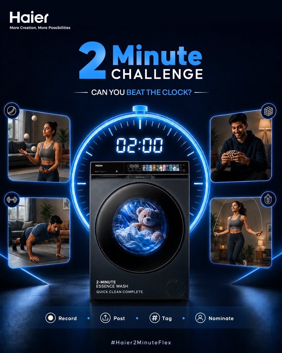 IndiaHaier's tweet photo. 2 minutes. 1 challenge. Can you beat the clock? ⏱️
Put your speed to the test with the #Haier2MinuteFlex challenge.
Record your attempt, post it, tag us.
#Haier #MoreCreationMorePossibilities #Haier2MinuteFlex #2Minutes #Challenge #WashingMachine https://t.co/sz53cIJh7h