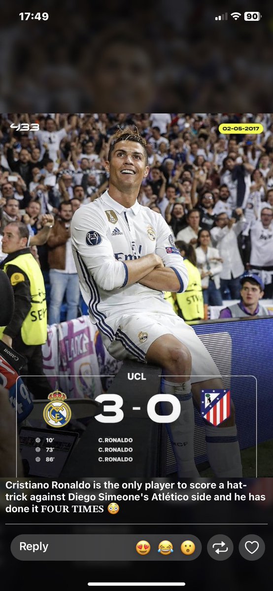 d_onlysecondson's tweet photo. Cristiano Ronaldo is the only play in history to score 4 hattricks against Diego Simeone’s Atletico Madrid 
🐐 https://t.co/nNx4zUkVir
