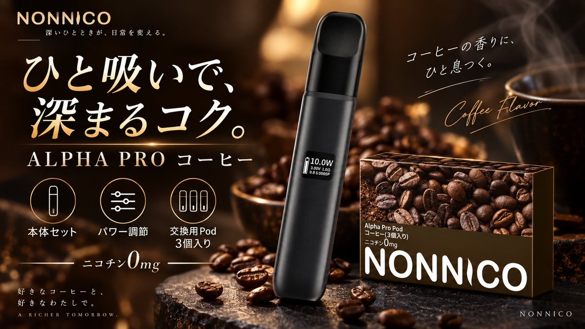 NONNICO_JP's tweet photo. NONNICO ALPHA PRO｜コーヒー ☕
香ばしいコーヒーの香りと、
じんわり広がる深みのあるコク。

落ち着いた余韻まで楽しめる、
いつもとは少し違うコーヒーフレーバー。

本体＋交換用Pod 3個入り。
ニコチン0 / タール0

#NONNICO #VAPE #RELX互換 #VAPE #持ち運びシーシャ https://t.co/ug8fs9UNDI