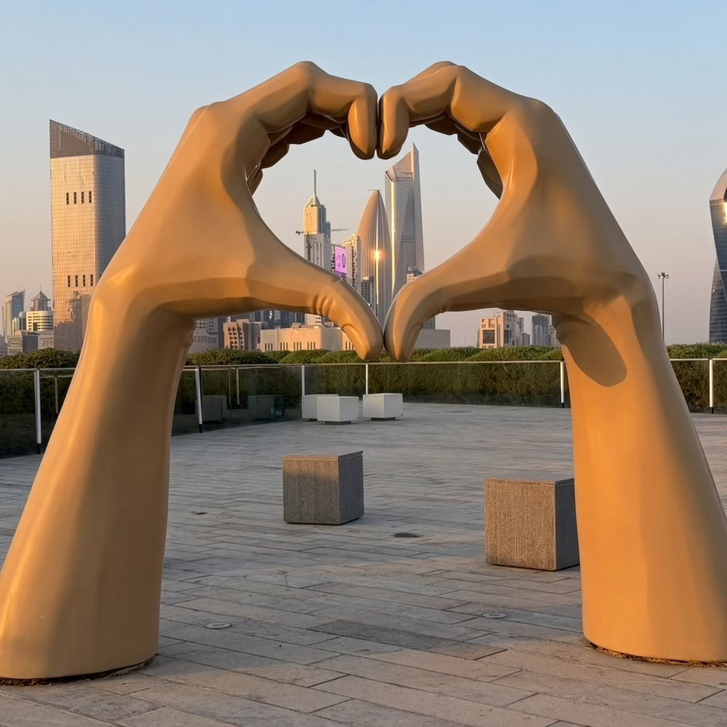 AskAboutKwt's tweet photo. يحتضن مشروع توسعة حديقة الشهيد 3 أعمال فنية للفنان الكويتي بدر المنصور لتكون نصبا تذكارية في الحديقة. 

وتشمل الأعمال تصميم «حاملات البقش» بارتفاع 3 أمتار ونصف المتر وتصميم مفتاح الصول بارتفاع 5 أمتار ونصف المتر وتصميم يدين على شكل قلب الحب بارتفاع مترين في عمل تفاعلي يحث على التصوير مع منظر خلفي لمدينة الكويت.