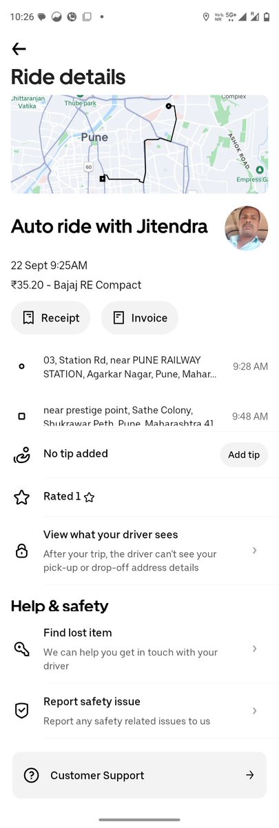 Subhwto3's tweet photo. @Uber_Support @inspirealt Hello @Uber_Support  your driver charged me extra money and talked with me in rudely manner he has taken 100rs. The screenshot is also attached and the fare was 35 only https://t.co/C4CH9tv7Bu
