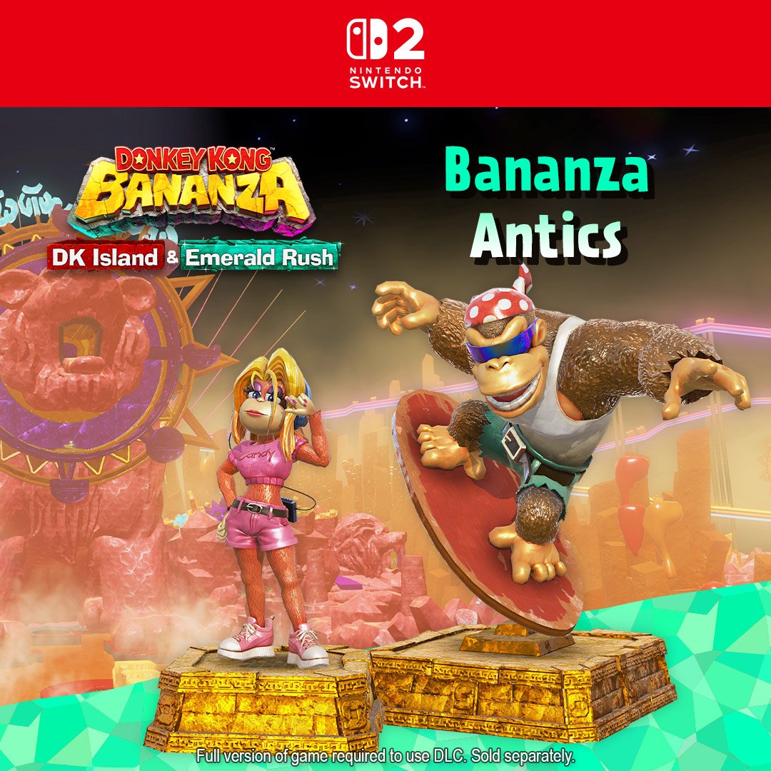 NintendoAmerica's tweet photo. The next #DonkeyKongBananza Emerald Rush event is here! Play "Bananza Antics" exclusive to the DK Island &amp; Emerald Rush DLC, to collect statues of Dixie Kong and Funky Kong. 
 
This event will run from today until September 29 at 12:59am PT. https://t.co/vg9z8itrL9