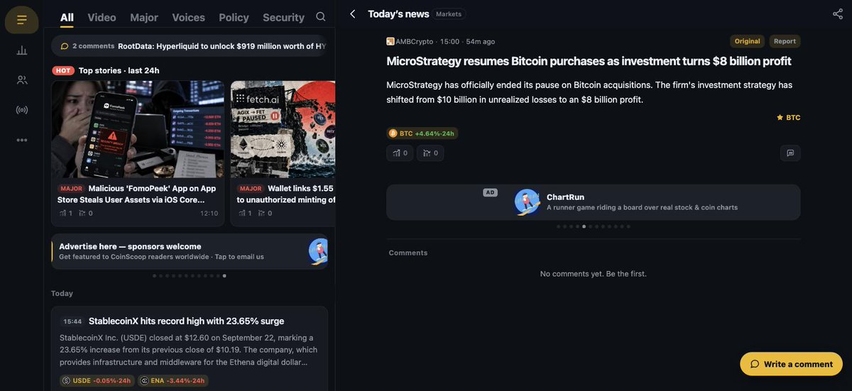 Coin_Scoop's tweet photo. MicroStrategy resumes Bitcoin purchases as investment turns $8 billion profit

MicroStrategy has officially ended its pause on Bitcoin acquisitions. The firm's investment strategy has shifted from $10 billion in unrealized losses to an $8 billion profit.

More crypto news on CoinScoop
https://t.co/QIvV6PCxV8