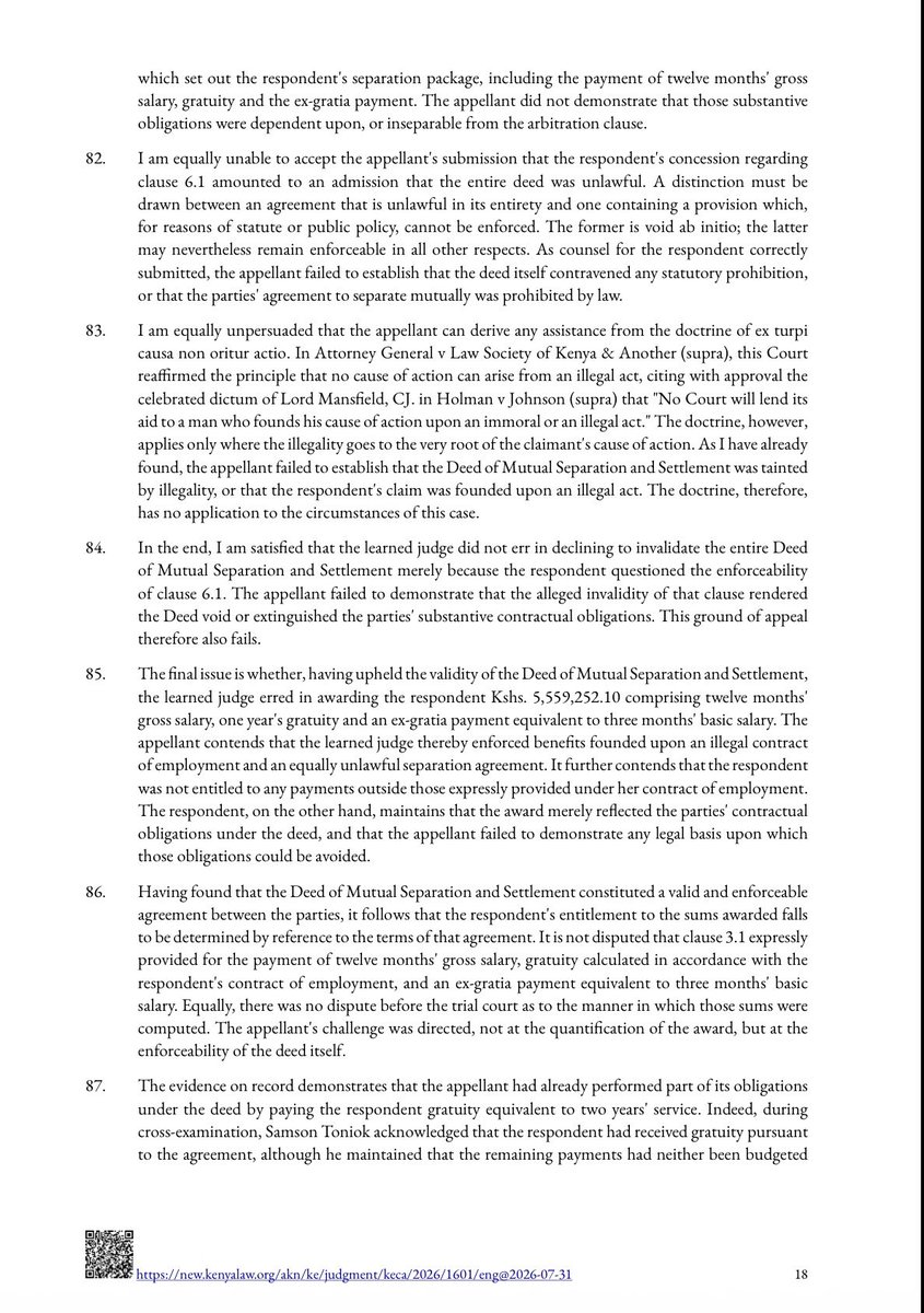 Lexken_EMSLaw's tweet photo. 🚨 Court of Appeal holds that a new board cannot tear up a deal its predecessor lawfully signed. When fresh leadership at NETFUND tried to escape a KSh 5.56 million payout to the former CEO, the court said no. The principle protects contracts across every organisation in Kenya. Here is the analysis.

The case is National Environment Trust Fund (NETFUND) v Ndegwa (Civil Appeal E497 of 2024) [2026]. NETFUND had entered into a separation agreement, an exit settlement, with its departing chief executive, worth about KSh 5.56 million. A new board later took over and sought to avoid honouring it. The Court of Appeal upheld the agreement and held NETFUND bound.

The central principle is the continuity of corporate obligations. A statutory body or company is a legal person distinct from the individuals who run it at any moment. When its authorised organs enter a valid contract, the obligation belongs to the entity, not to the particular board that signed it. A change of leadership does not change the contracting party: the entity remains the same, and its commitments survive the people who made them. An incoming board inherits both the assets and the liabilities of the organisation, and cannot disown lawful agreements it finds inconvenient.

Underlying this is the sanctity of contract. As the Court of Appeal held in National Bank of Kenya Ltd v Pipeplastic Samkolit (K) Ltd, "a court of law cannot rewrite a contract between parties; the parties are bound by the terms of their contract, unless coercion, fraud, or undue influence is pleaded and proved." A valid contract binds, and a party cannot escape it merely because it later regrets the bargain, or because new decision-makers would have chosen differently. Absent a proven vitiating factor, fraud, illegality, duress, or a genuine lack of authority when the deal was made, the agreement stands.

The legal dispute worth naming. On one side is contractual certainty: counterparties, employees, suppliers, lenders, must be able to rely on agreements made with an organisation, or no one could safely transact with any entity whose leadership periodically changes. On the other is accountability: incoming boards sometimes inherit genuinely improper deals, over-generous exit packages, or contracts tainted by irregularity, and the law must leave room to challenge those. The reconciliation lies in the vitiating factors. A new board that believes a predecessor's contract was procured by fraud, exceeded the signatory's authority, or was otherwise unlawful can challenge it on those specific grounds, but it cannot simply refuse to honour a valid agreement because it disagrees with it. Disagreement is not a ground; illegality or fraud is.

The practical takeaways. For organisations and their boards: the commitments you make bind the institution, not just the current leadership, so your successors will be held to your deals, and you to your predecessors'. For anyone contracting with a company or public body, including departing executives negotiating exit terms: a properly authorised agreement is enforceable regardless of future leadership changes, so ensure it is validly made and clearly documented. For incoming boards: if you believe an inherited contract is tainted, the route is to prove a vitiating factor in court, not to unilaterally repudiate it. An organisation's word, lawfully given, does not expire when its leadership changes.

👉 Follow @Lexken_EMSLaw for practical legal insights on corporate governance, contract and commercial disputes.