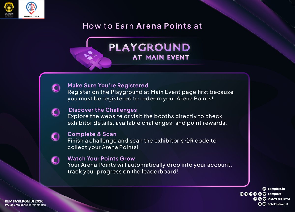 COMPFEST's tweet photo. READY TO PLAY? 🎮

Playground at Main Event is bringing you exciting challenges and a chance to win a total prize pool worth Rp3.950.000!

Think you have what it takes? Join the challenge, test your skills, and compete for the prizes waiting for you!

📅 Registration: 18–27 September 2026

Don’t miss your chance to play, compete, and enclose the gap!

Register now at:
https://t.co/KP6KwxGKnc

@COMPFEST
https://t.co/KP6KwxGKnc
#EncloseTheGap
#COMPFEST18