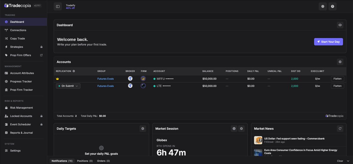 VeyaTrades's tweet photo. 2x 50K EVALS. STARTED TODAY.

First funded challenge. Lucid and MyFundedFutures, both 50K, same rules, same risk on each.
━━━━━━━━━━

THE SETUP

Charting on @TradingView.
Journaling on @TradeZella.
Copy trading through Tradecopia — one execution, both accounts.

Same process that got me here, just with consequences attached.
━━━━━━━━━━

THE PLAN

Trust the system. Be patient. Take the setups that price right and pass the ones that don't.
━━━━━━━━━━

Nervous. Confident. Both.

Journal continues.
