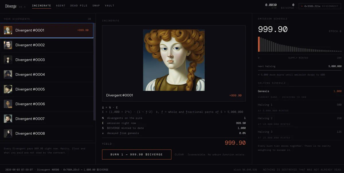 MarciK_45's tweet photo. the @Divergents_eth art alone justifies the mint price. but the burn tokenomics and deflationary mechanics? that's the real alpha layer. free mint for top 1K discord members, $20 public. aug 14 ethereum. https://t.co/N9CkAtf9uH https://t.co/Ov4if4QX5r