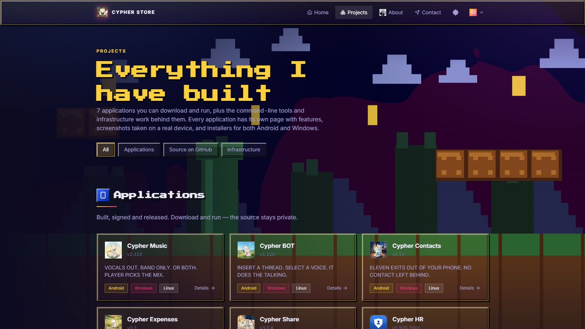 KenCypher567415's tweet photo. I made you something you can take home tonight. 😏
Cypher Store: 7 apps and 13 more projects, all free. No account, no subscription, no strings attached.
It comes in 10 themes, because I like to set the mood.
https://t.co/bioQHJ08ir
#BuildInPublic #IndieDev #FreeApps https://t.co/hVyjaA7U24