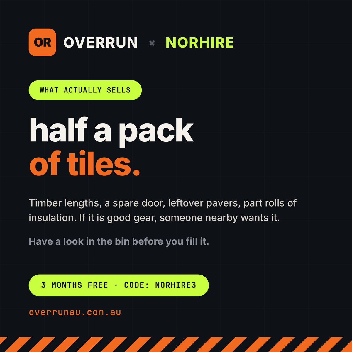 NorhireB's tweet photo. HEY TRADIES - 
WANT DOLLARS BACK IN YOUR POCKET?
All our bins are now going out with the Overrun label.
@Overrunau is an Australian marketplace for surplus
building materials and nothing else.
We have partnered with them to keep as much out of landfill as possible.
#Cairns https://t.co/ATOPQaiKZs
