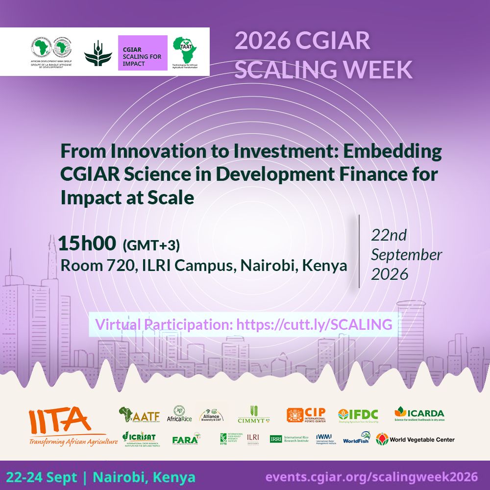 Taat_Africa's tweet photo. #Join us today at the @CGIAR #ScalingWeek2026 in Nairobi, Kenya!

📅 Tuesday, 22 September
📍 ILRI, Nairobi
🚪 Room 720
⏰15:00 - 16:00 EAT

This is an interactive Side Quest titled: "From innovation to investment: Embedding #CGIARscience in development finance for impact at scale."

#ScalingWeek2026 #EngageTAAT #AgriculturalTransformation #ScalingForImpact #CapacityBuilding #DevelopmentFinance #FeedAfrica

@AfDB_Group @Groupe_AfDB @AfDBPresident
@gatesfoundation @GatesAfrica @CGIARScaling
@CgiarFarming @IITA_CGIAR @AGRA_Africa
@afaasinfo @Afriscience @AFSTA_Seed
@SeedFed @ReutersAfrica @Better_Seed
@EuroseedsEU @ISTAseedtesting @ScienceAlly
@ippcnews @AFP @ReutersWorld @AUC_CAADP
@NEPAD_Agency @ccardesa_sadc @CORAFNews
@COMESA_HQ @_AfricanUnion @ASARECA
@FAO @SAA_africa @WorldBank @WorldBankAfrica
@wef @ADB_HQ @isdb_group @jica_direct_en
@giz_gmbh @mfregene77 @InnocentMus
@EnockChikava @CGIAR_EMD @sagizaw_TAAT
@RachelMulangala