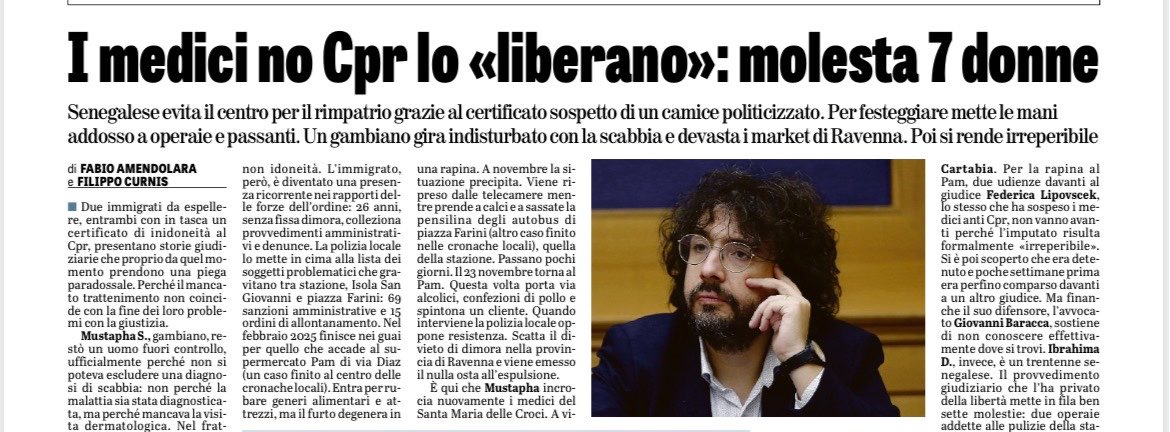 fratotolo2's tweet photo. Dopo un certificato medico di non idoneità al trattenimento in un Centro di permanenza per i rimpatri, un senegalese pregiudicato è tornato in libertà e ha poi molestato 7 donne. 
@amendolaraf https://t.co/M6CKpVWObV