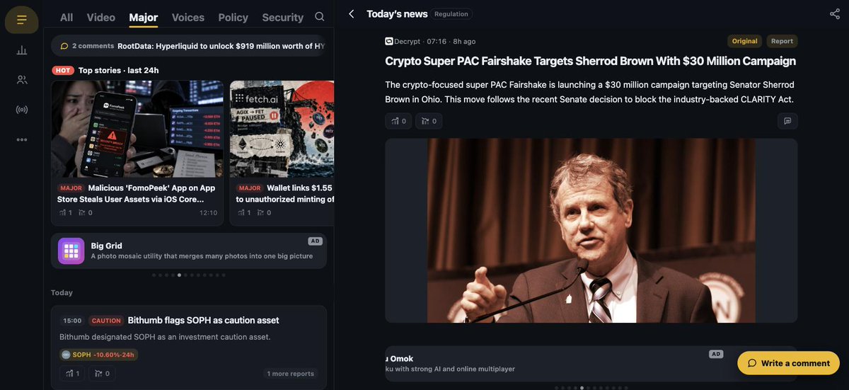 Coin_Scoop's tweet photo. Crypto Super PAC Fairshake Targets Sherrod Brown With $30 Million Campaign

The crypto-focused super PAC Fairshake is launching a $30 million campaign targeting Senator Sherrod Brown in Ohio. This move follows the recent Senate decision to block the industry-backed CLARITY Act.

More crypto news on CoinScoop
https://t.co/861tEBQrJH